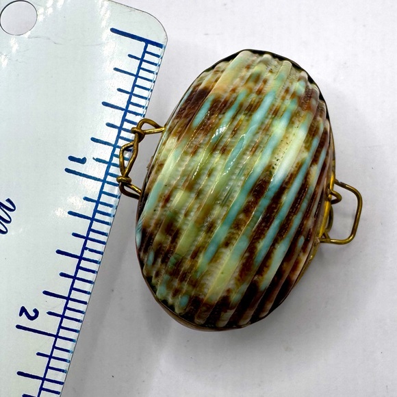VTG Seashell Brass Hinged Coin Purse Pill Trinket Box Mother Of Pearl - Picture 6 of 6